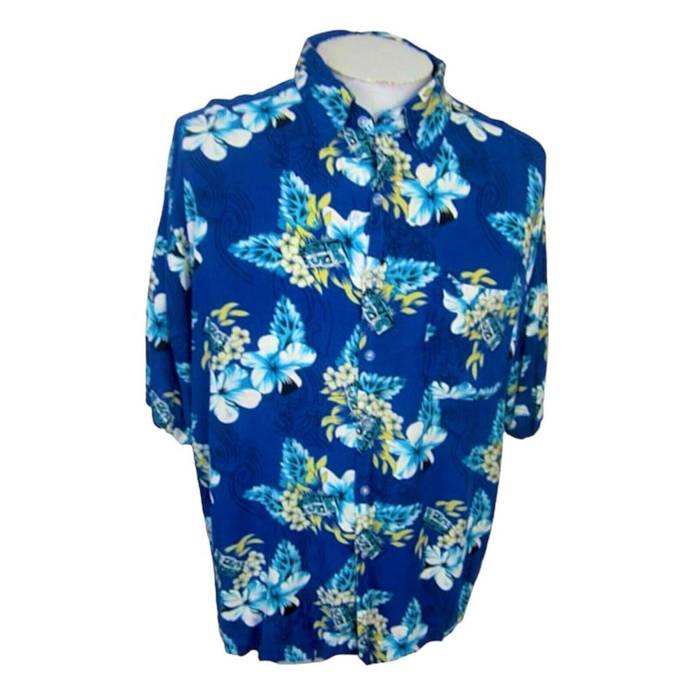 Studio 35 Tiki Hibiscus Floral‎ Blue Button Up Collar Hawaiian Shirt Size XL